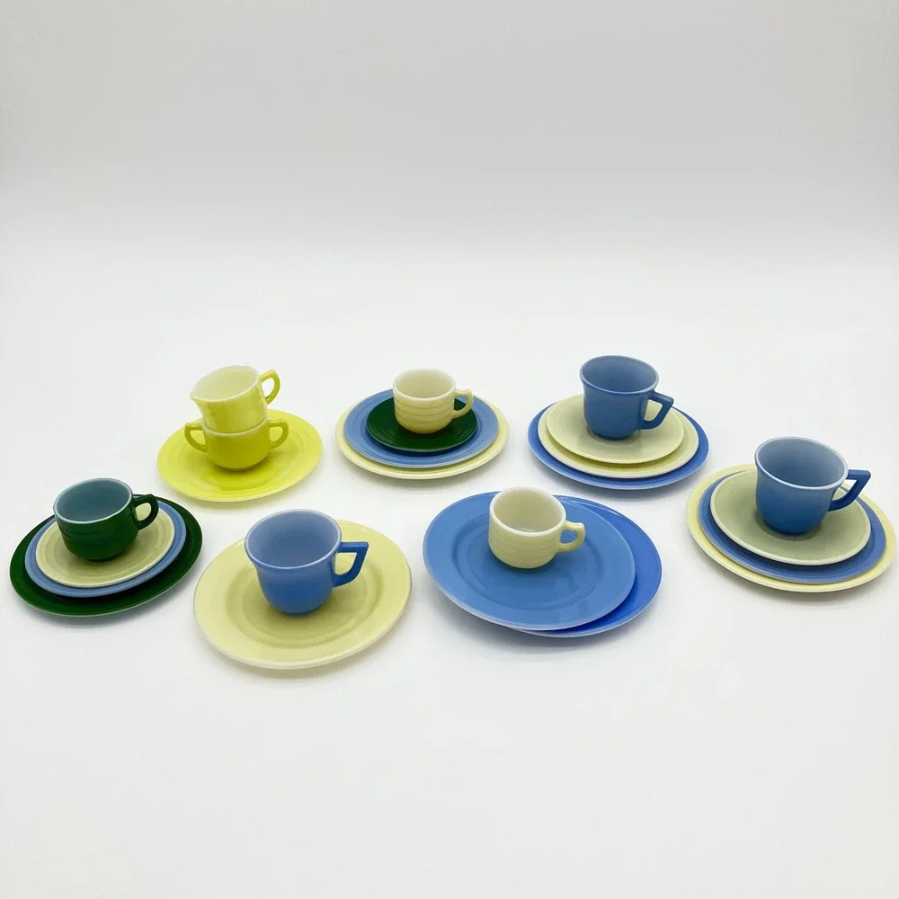 Akro Agate Vintage 1930-1940's Mini Toy Tea Set 24pc Pastel Slag Glass Dish Lot